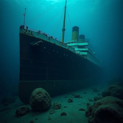 a sunken rms titanic wreck lies on the dark ocean floor Prompts ...