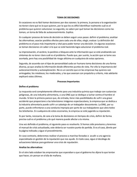 TOMA DE Decisiones En Momentos De Crisis TOMA DE DECISIONES En