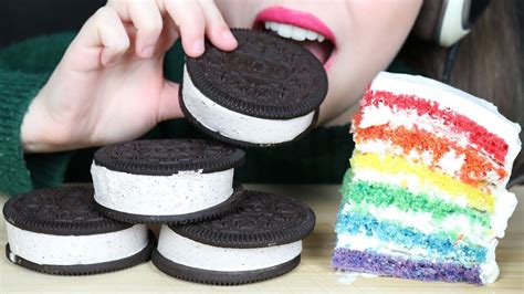 Asmr Oreo Ice Cream Sandwiches And Rainbow Cake Homemade Eating Sounds No Talking Youtube