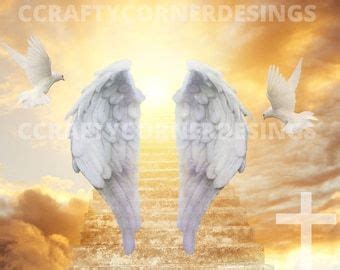 In Loving Memory Background With Wings Clouds Stairs Doves Cross