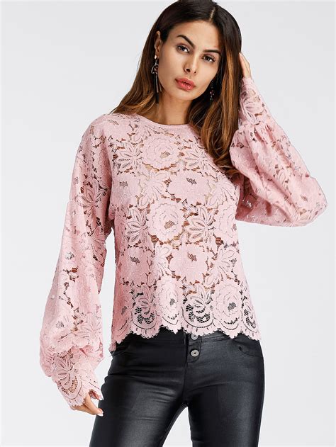 Lantern Sleeve Hollow Lace Top Shein Sheinside