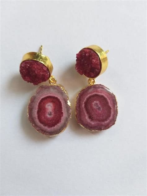 Druzy Solar Slice Earrings Gold Edge Earring Agate Earring Etsy