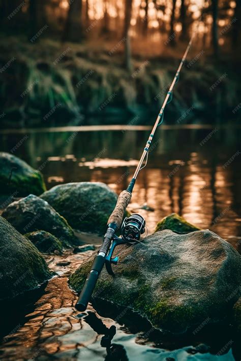 Premium AI Image | Fishing fishing rod on the background of the river Generative AI