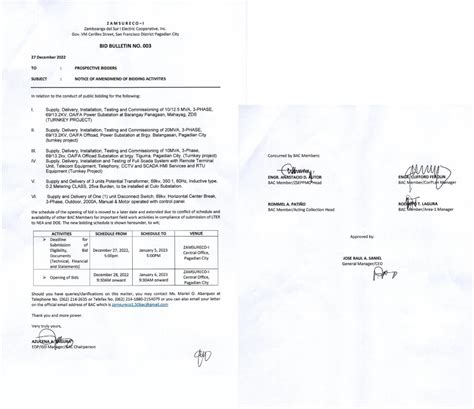 BID BULLETIN NO 003 NOTICE OF AMENDMENT OF BIDDING ACTIVITIES