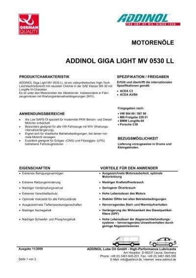 motorenöle addinol giga light mv 0530 ll