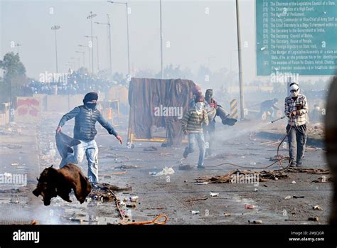 Chandigarh India February Protesters At Barricades During The