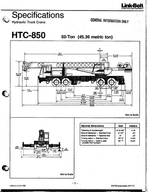 Link Belt Htc 850 Hydraulic Truck Crane Load Chart Capacity And Specs