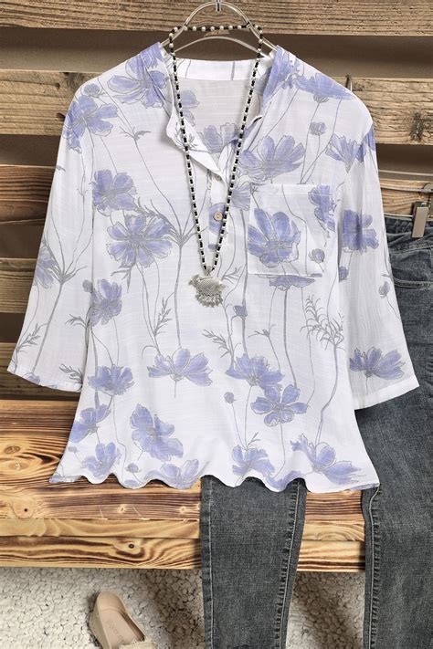 Floral Print Buttons Long Sleeves Blouse Curvedream