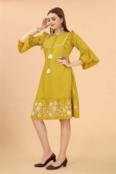 Embroidery Yallow Growish Western One Piece Dress Half Sleeves Casual