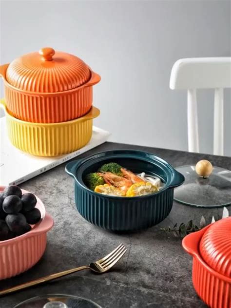 Nordic Colorful Striped Ceramic Handle Ramen Soup Salad Fruit Deep