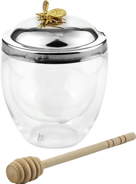 Godinger Honey Jar Honey Dish With Dipper Double Walled Glass Bee