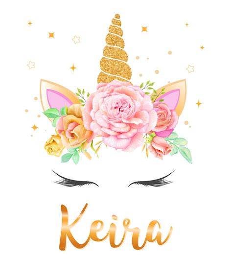 Keira Name Unicorn Horn With Flower Wreath And Gold Glitter Unicorn