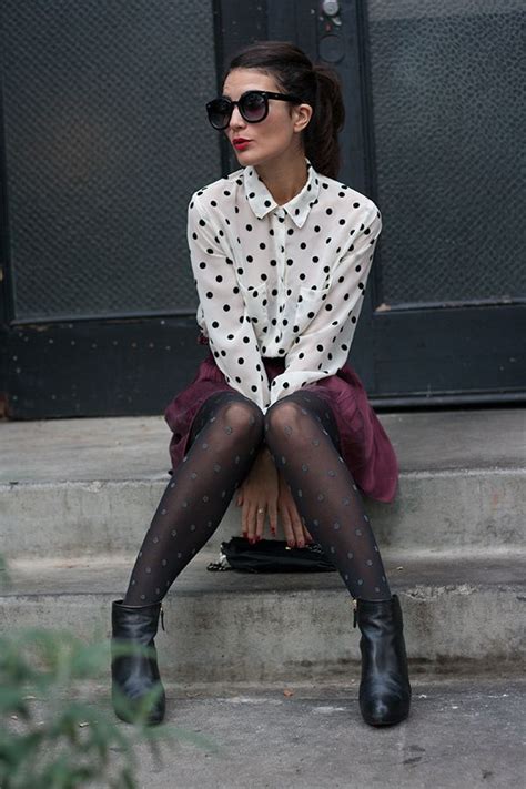 Polka Dot Button Down Burgundy Skirt Polka Dot Tights Black Boots