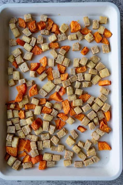 Tofu And Sweet Potato Bowl With Orzo Cooking For Peanuts