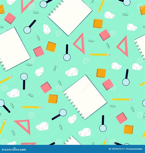 Various Stationery Items On Turquoise Background Vector Seamless