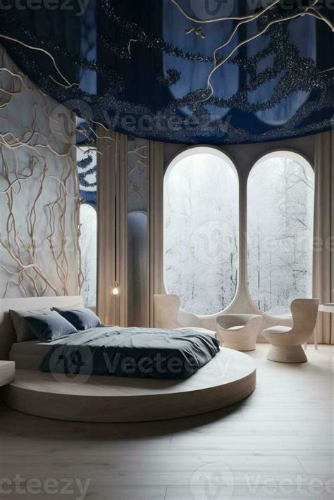 Aesthetic sculptural minimal white modern bedroom with light wood ...