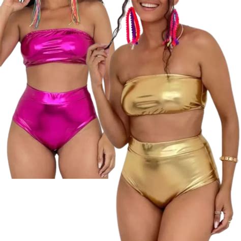 Conjunto Metalizado Fem Fantasia Bloquinho De Carnaval Hot Pants Shopee Brasil