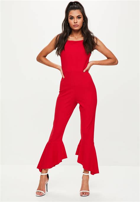 Lyst Missguided Red Flare Leg Jumpsuit In Red