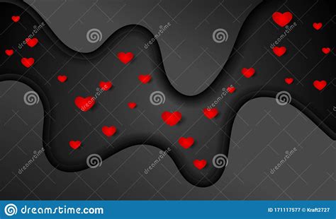 Romantic Background Of Black Smooth Waves And Red Hearts Stock Vector Illustration Of Greeting