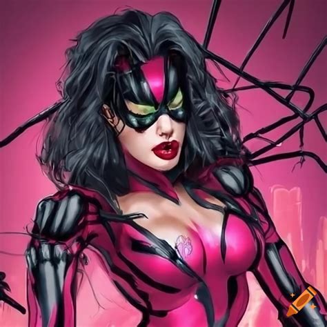 Pink Widow Spider Woman With Black Hair And Green Eyes