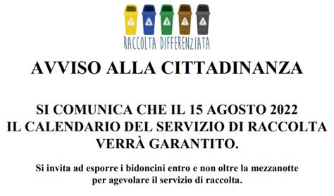 Avviso Alla Cittadinanza Si Comunica Che Il Agosto Il Calendario