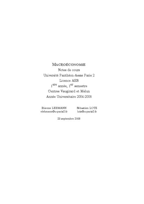 Cours Macro Macroéconomie Notes de cours Université Panthéon Assas