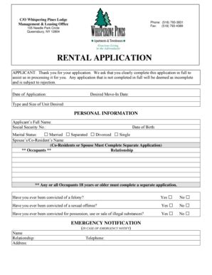 Fillable Online RENTAL APPLICATION Whispering Pines Apartments