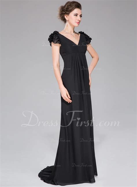 Empire V Neck Sweep Train Chiffon Evening Dress With Ruffle 017031163