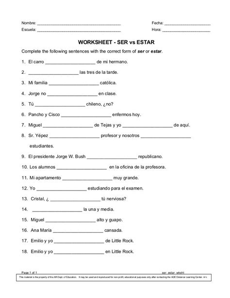 Ser And Estar Worksheets