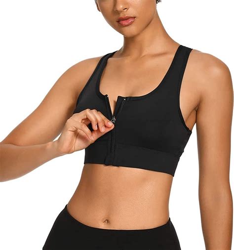 Woweny Zip Front Sports Bra For Women High Impact Padded Wireless Post