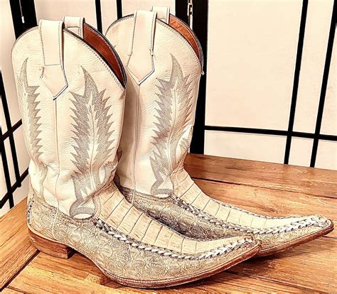 Mexican Pointy Extra Long White Diamonds Alligator Boots Botas Size 8 1