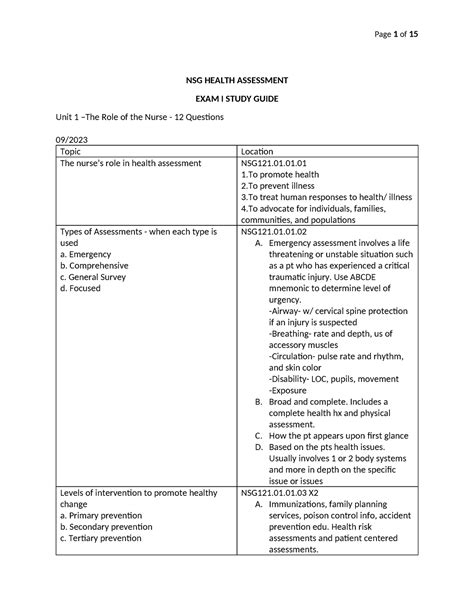 Nsg121 Exam 1 Blueprint Filled Nsg Health Assessment Exam I Study