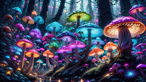 Psychedelic Forest Glowing Spotted Fluorescent Mushrooms In Mystic