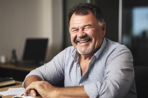 A Mature Man Smiling While Sitting At His Desk Created With Generative