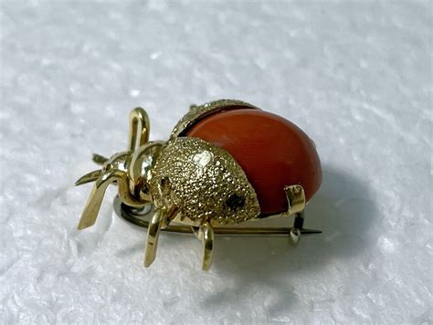 Vintage K Yellow Gold Lady Bug Beetle Brooch Pin Co Gem