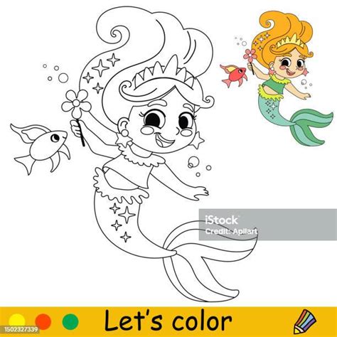 Anakanak Mewarnai Putri Duyung Kecil Dan Ilustrasi Vektor Ikan Ilustrasi Stok Unduh Gambar