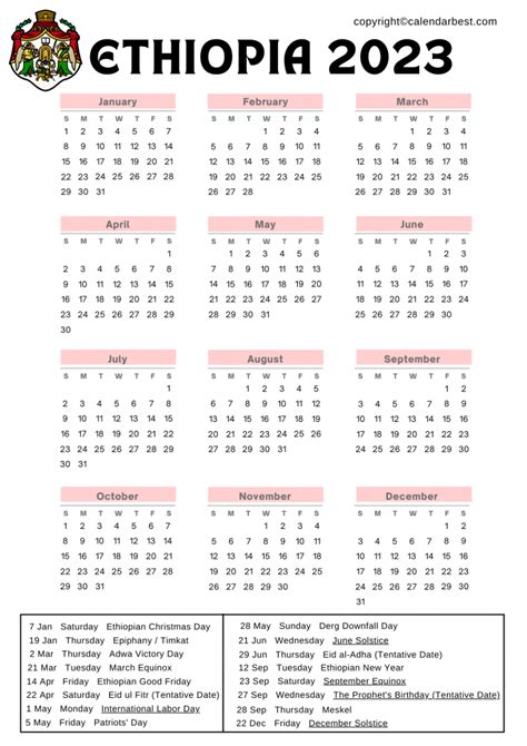 Ethiopia Calendar 2023 With Holidays Free Printable In Pdf