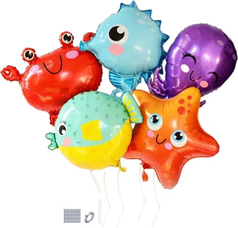 Duxuant 5 Pcs Ocean Animals Foil Balloons Cartoons Pufferfish Octopus