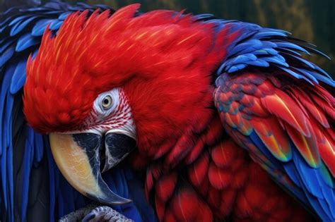 Premium AI Image Closeup Of A Parrot Preening Its Vibrant Feathers