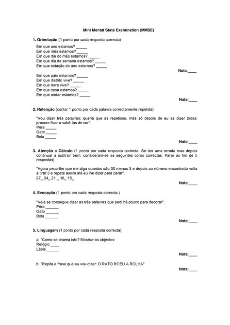 Mini Exame Do Estado Mental Mini Mental State Examination MMSE