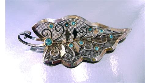 Vintage Sterling Blue Rhinestone Mesh Leaf Brooch Signed Bond Boyd C