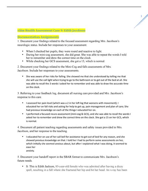 Assessment V Sim Edith Jackson VSim Health Assessment Case 9 Edith