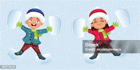 Kids Making Snow Angels Playing Outdoors During Winter Vector Cartoon ...