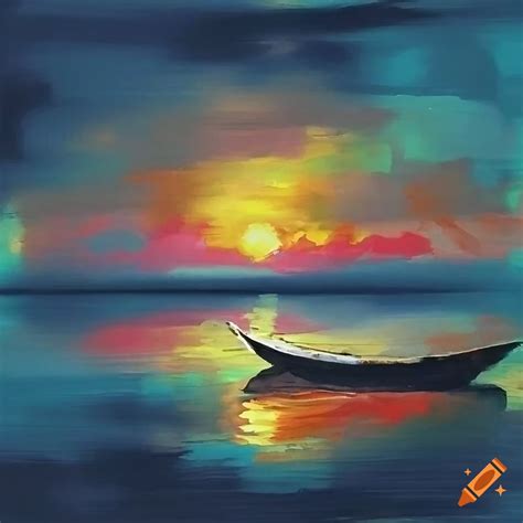 Bangladeshi Ink Painting Of A Quiet Lake With A Small Boat And Sunset