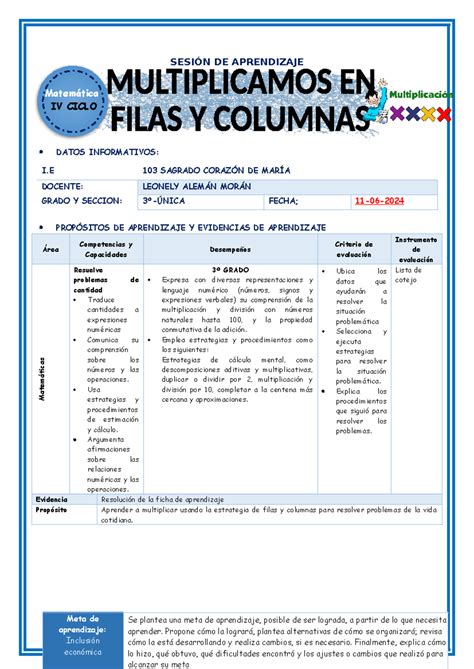 U3 Sesión D2 MAT Multiplicamos EN Filas Y Columnas SESIÓN DE