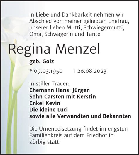 Traueranzeigen Von Regina Menzel Abschied Nehmen De