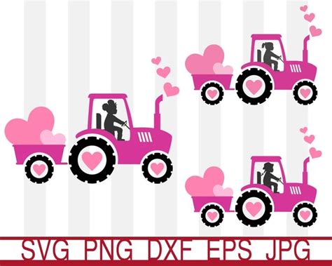 Pink Tractor With Hearts On It And Two People Riding In The Back