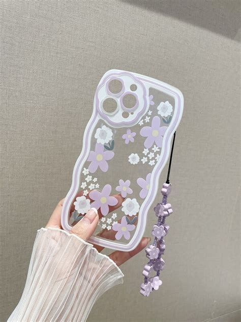 Flower Print Clear Phone Case With Lanyard Shein