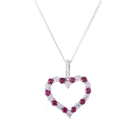 9ct White Gold 060ct Round Brilliant Diamond And Ruby Heart Pendant