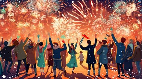 Premium AI Image Happy People Celebrating New Year Fireworks In